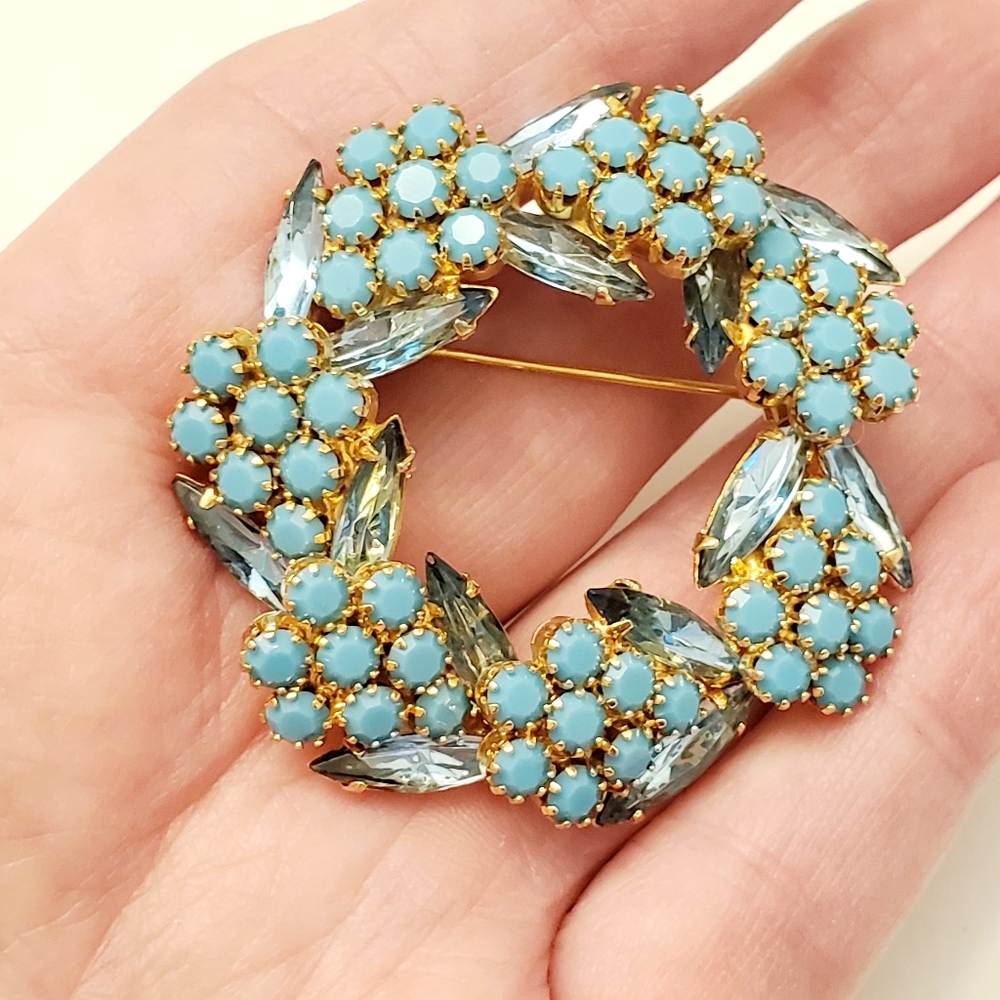 Austria Blue Milk Glass And Rhinestone Navette Goldtone Blue Floral Brooch - Picture 3 of 5